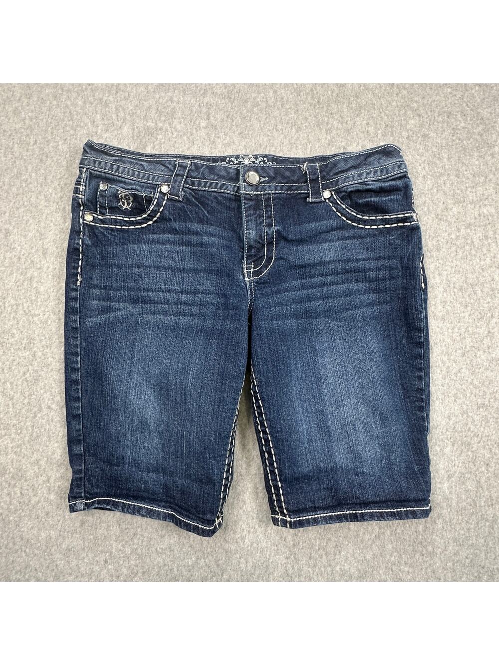 Paisley Sky Shorts WMNS 12 Dark Wash Stretch Denim Bermuda Y2K Western Glam Chic